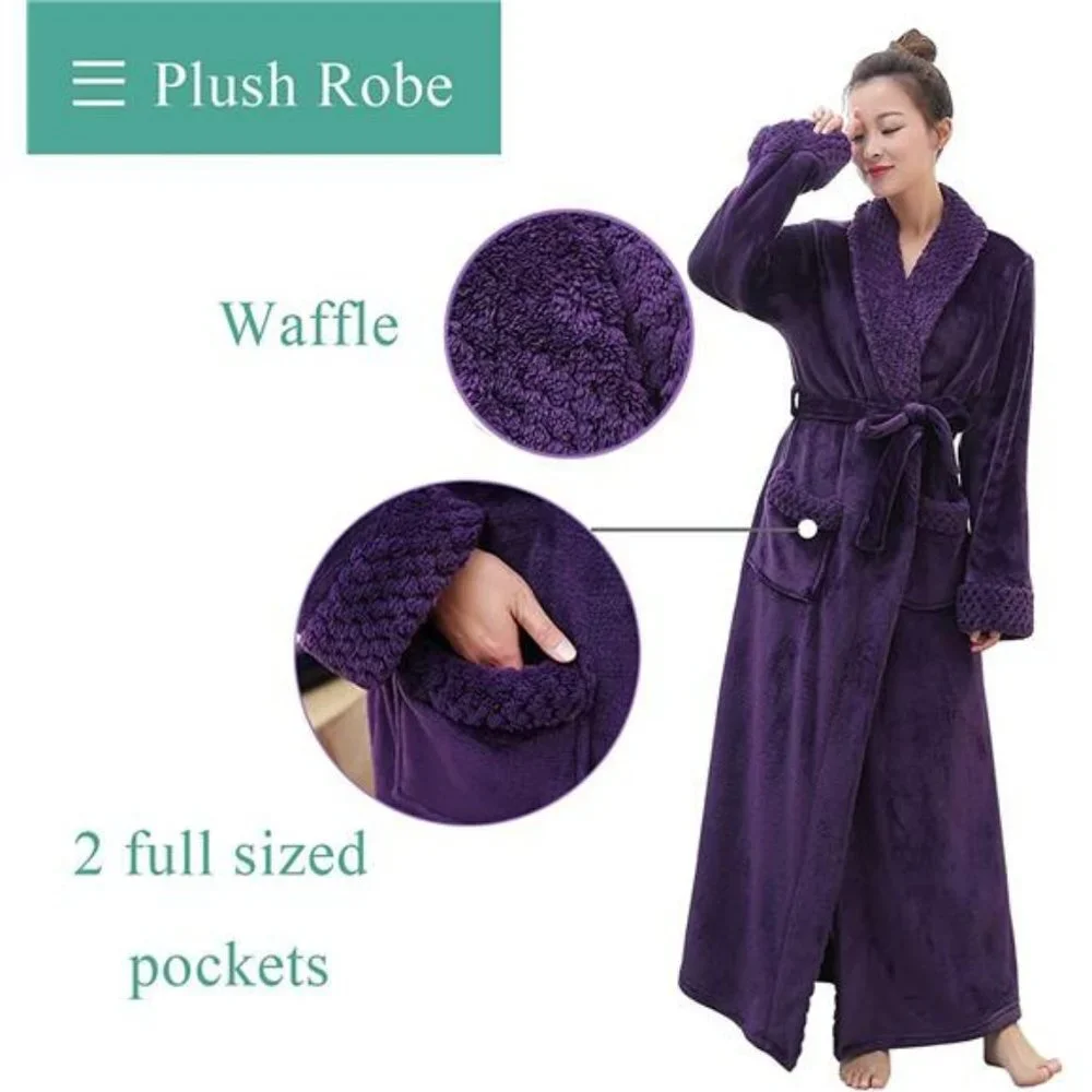 Women Long Fleece Robe Flannel Bathrobes for Winter Thicker Coat with Pockets